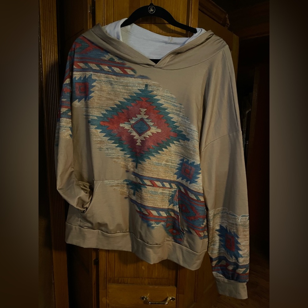 Tan Hoodie with western Aztec design